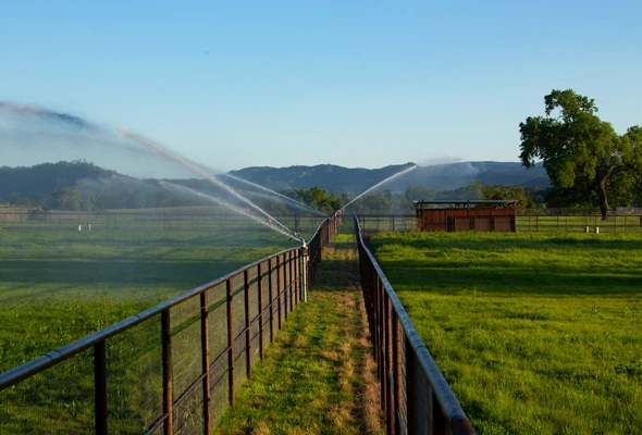 An automated Big Gun Sprinkler system is a perfect solution for high-end horse ranches.